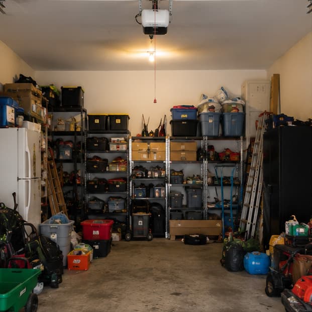 Cluttered garage before transformation