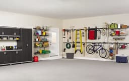 Wall-mounted slat-style storage system with hooks and accessories