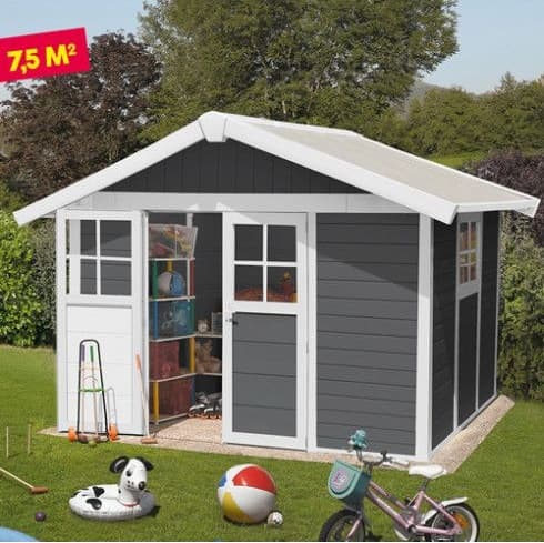 Grosfillex Deco 7.5 resin storage shed assembled in a yard
